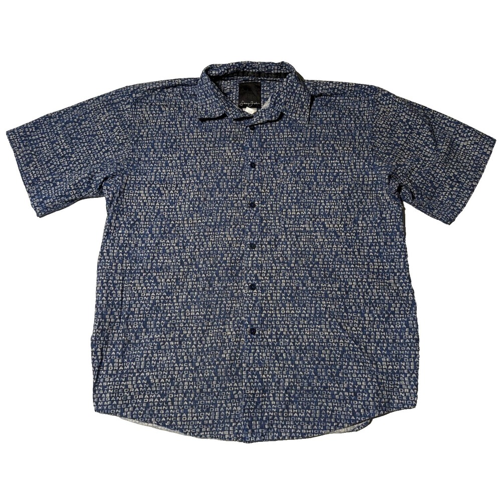 SEAN JOHN Men Large Blue Spellout Allover Print Cotton Button-Up Shirt